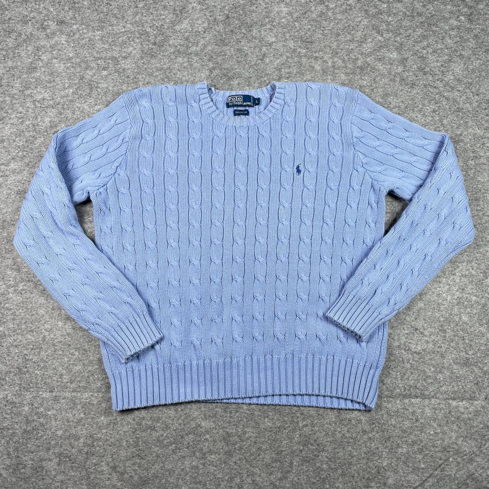 VTG Polo Ralph Lauren Sweater Mens L Blue Cable Knit Cotton Aran Crewneck 90s
